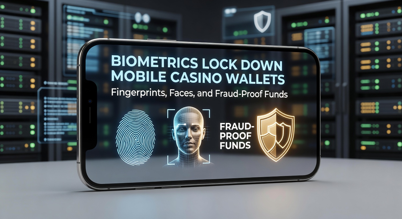 Close-up of a smartphone displaying a fingerprint scanner unlocking a mobile casino app with secure wallet interface