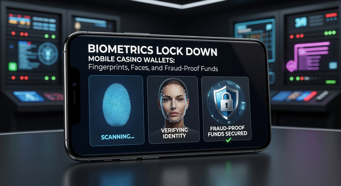 Illustration of facial recognition scanning a user's face on a mobile device, securing a digital casino wallet with glowing biometric overlays