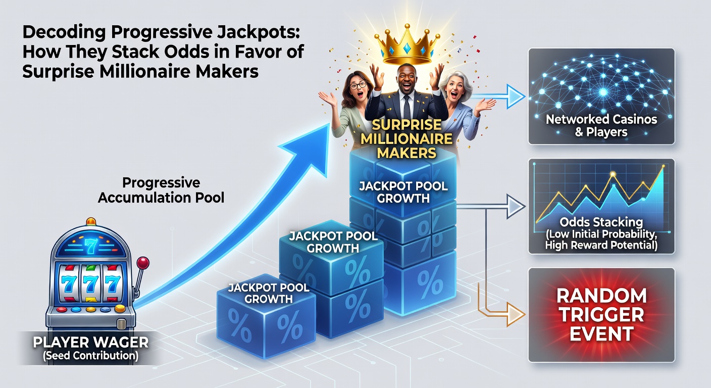 Elated winner clutching a oversized novelty check for a multi-million dollar progressive jackpot, surrounded by cheering casino staff and flashing cameras