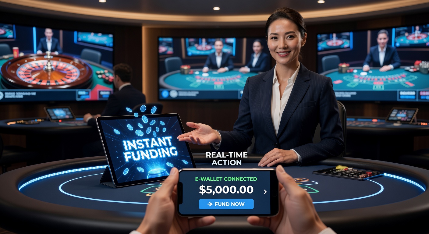 A vibrant live dealer blackjack table with a dealer shuffling cards in real-time, overlaid with e-wallet icons like PayPal and Skrill flashing instant deposit notifications
