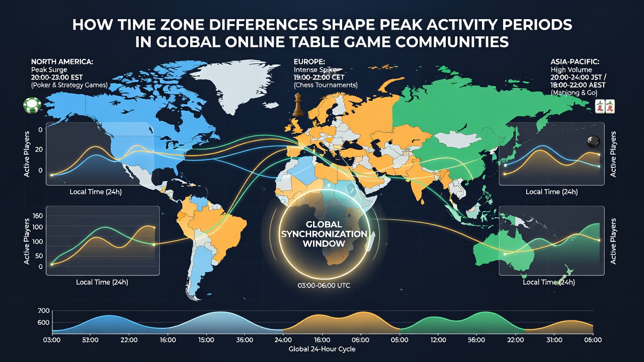 Chart displaying hourly player activity peaks across major time zones for online table games