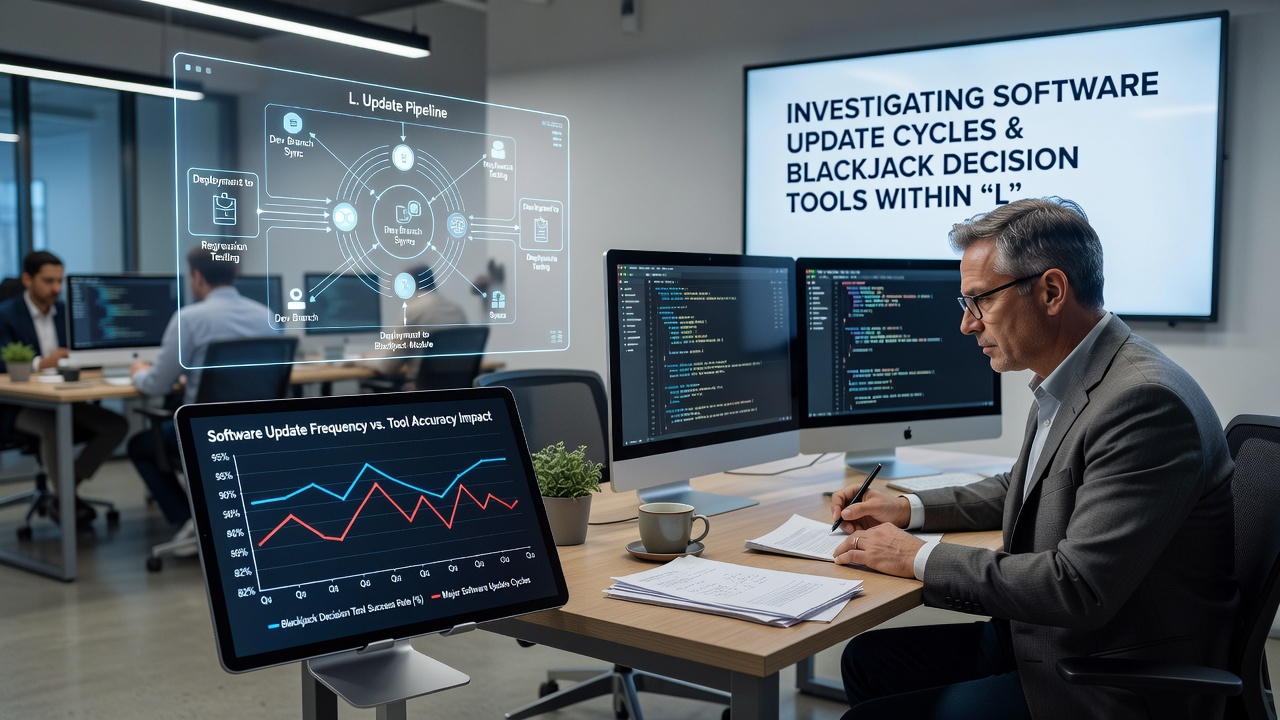 Close-up of blackjack decision algorithm code and mobile app update notification on licensed platform