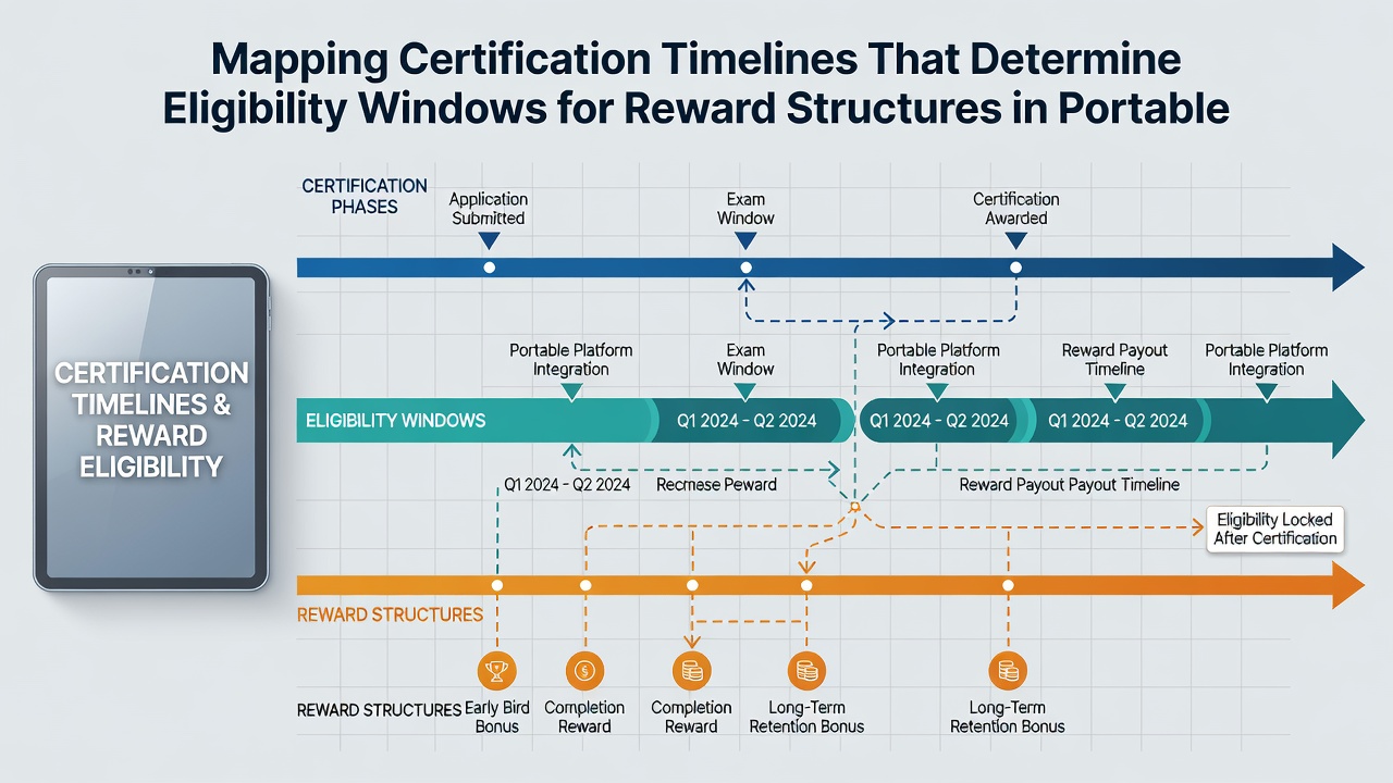 Timeline chart illustrating certification milestones and reward eligibility periods in June 2026
