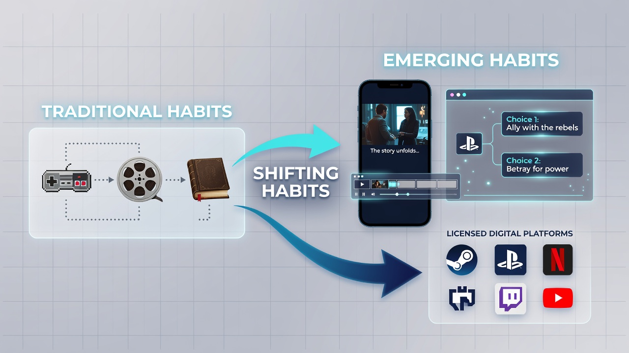 Diverse group of players interacting with story choices in a narrative video reel game across different licensed apps