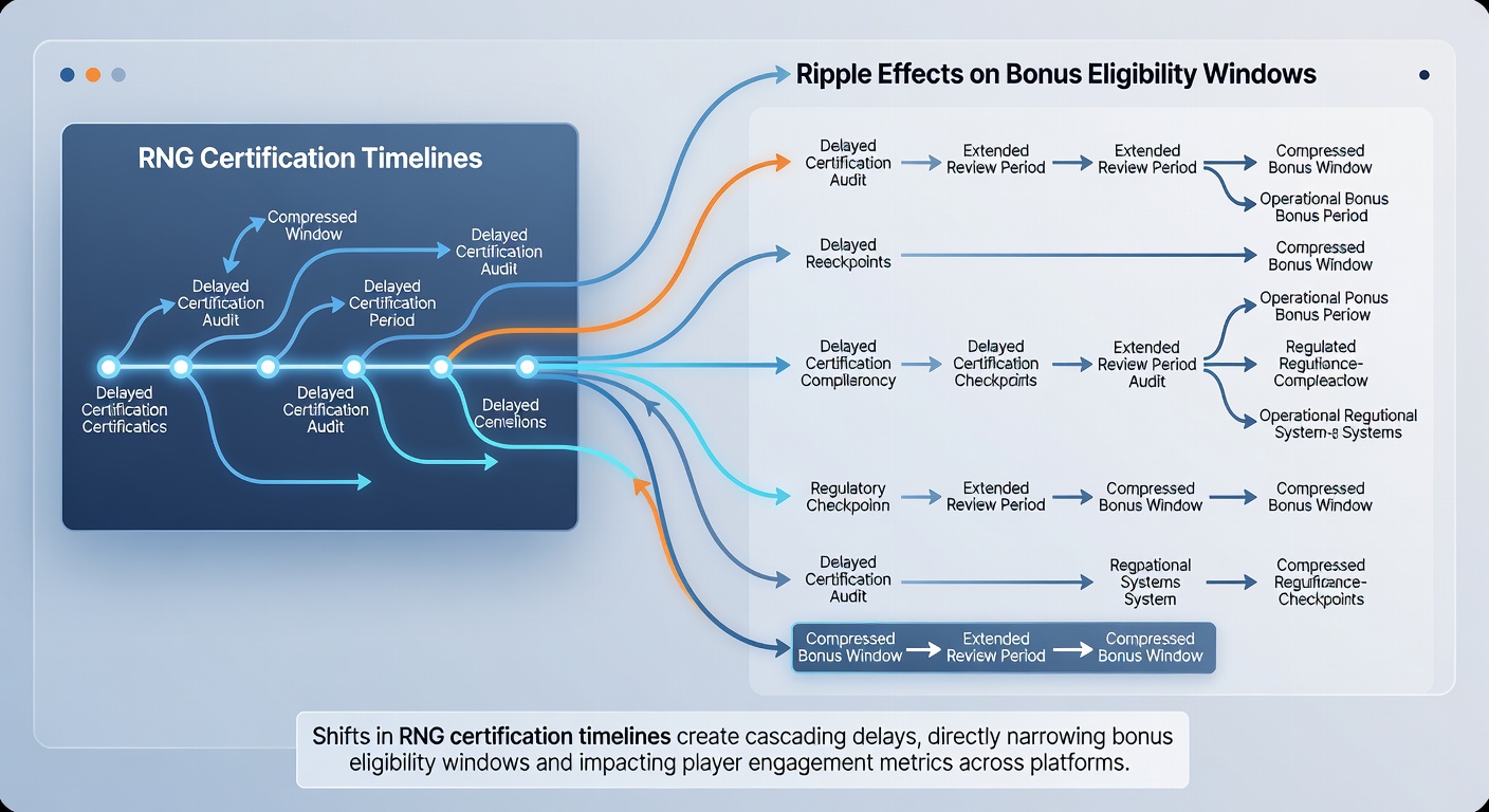 Network diagram illustrating how RNG certification dates connect to bonus eligibility timelines across multiple mobile blackjack operators