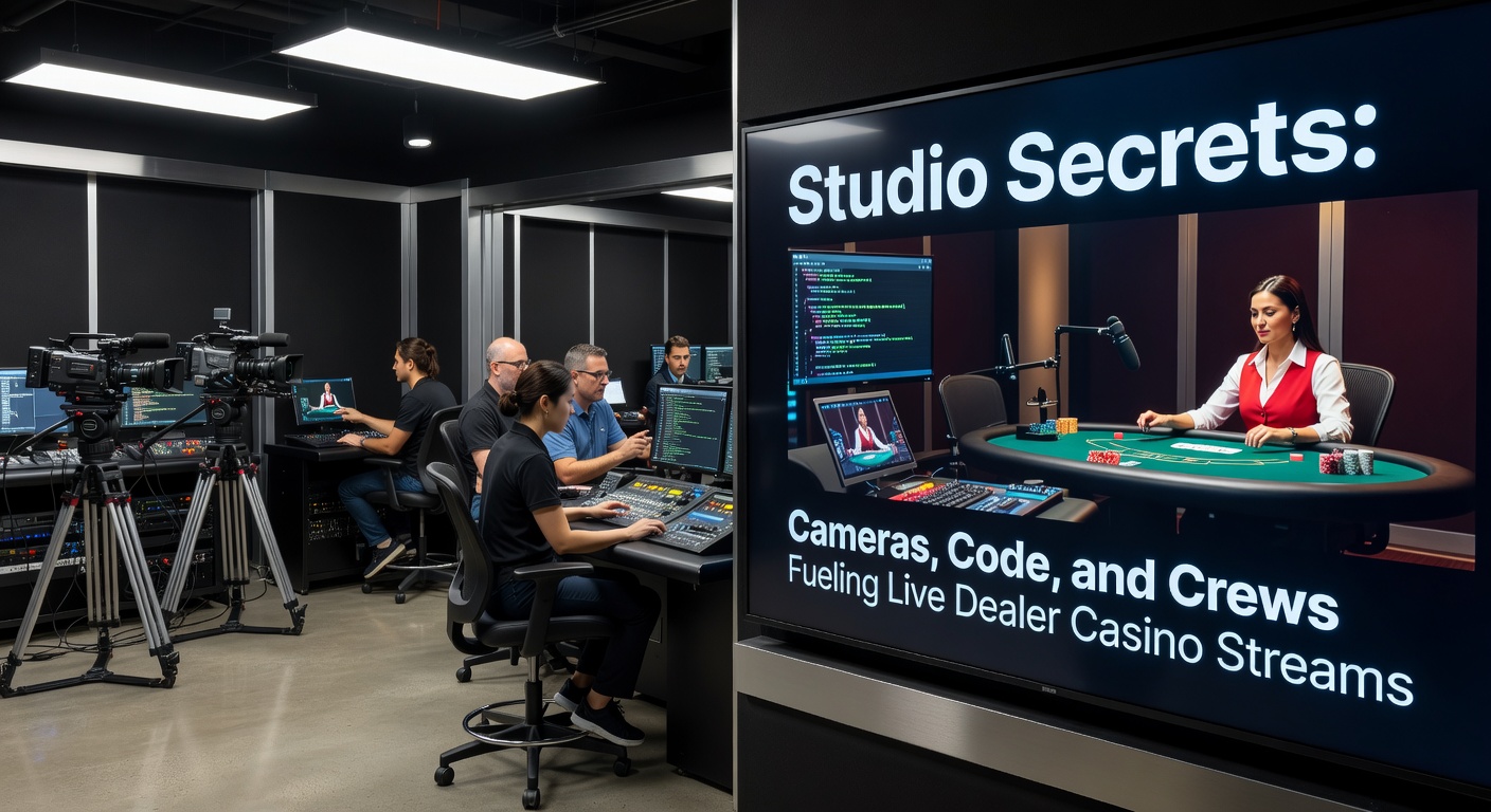 High-tech live dealer studio with multiple cameras capturing a blackjack table in action, lights illuminating the green felt and dealer cards