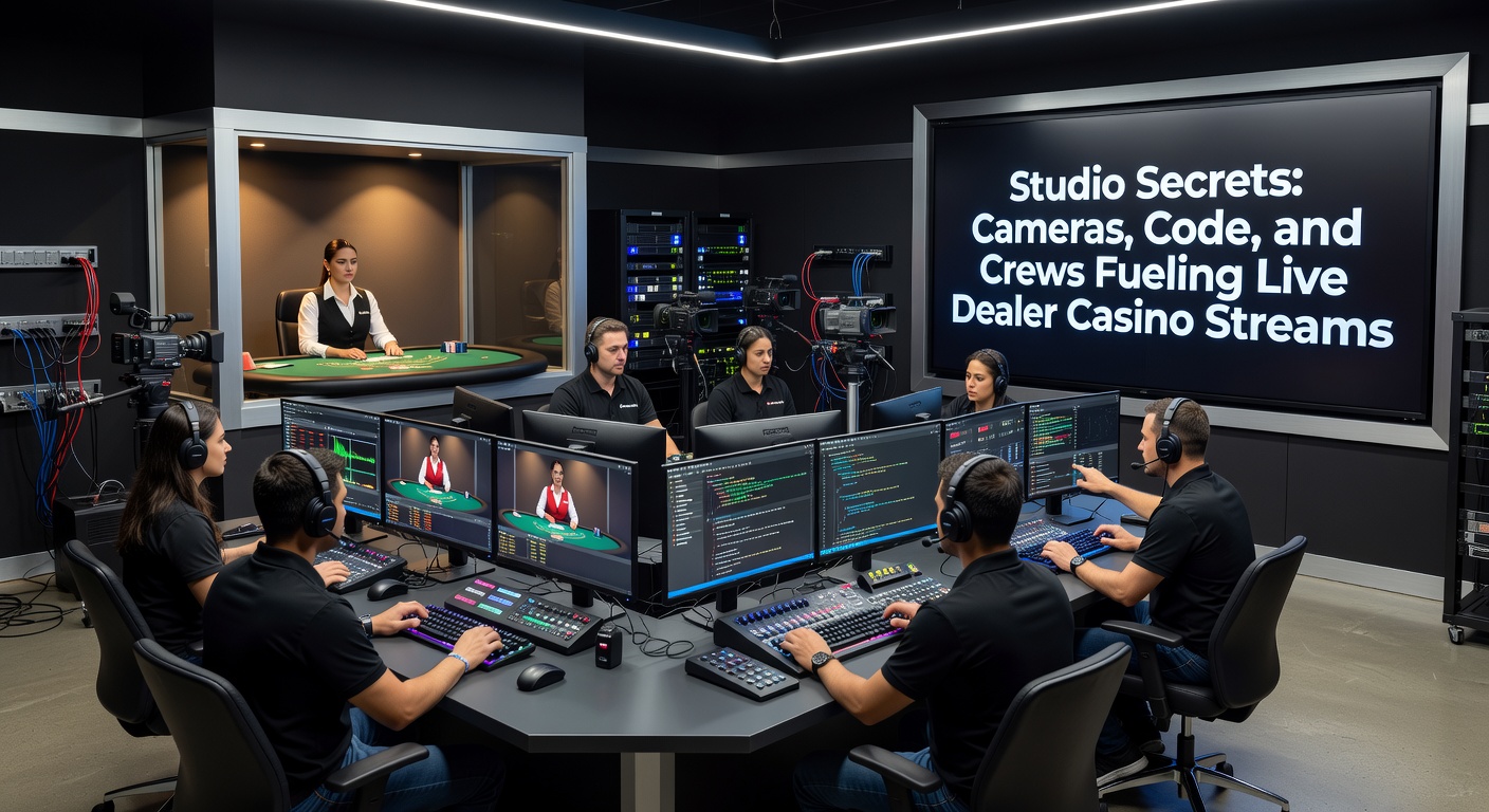 Close-up of a technician monitoring live casino stream on multiple screens, code snippets visible on a nearby laptop amid glowing studio lights