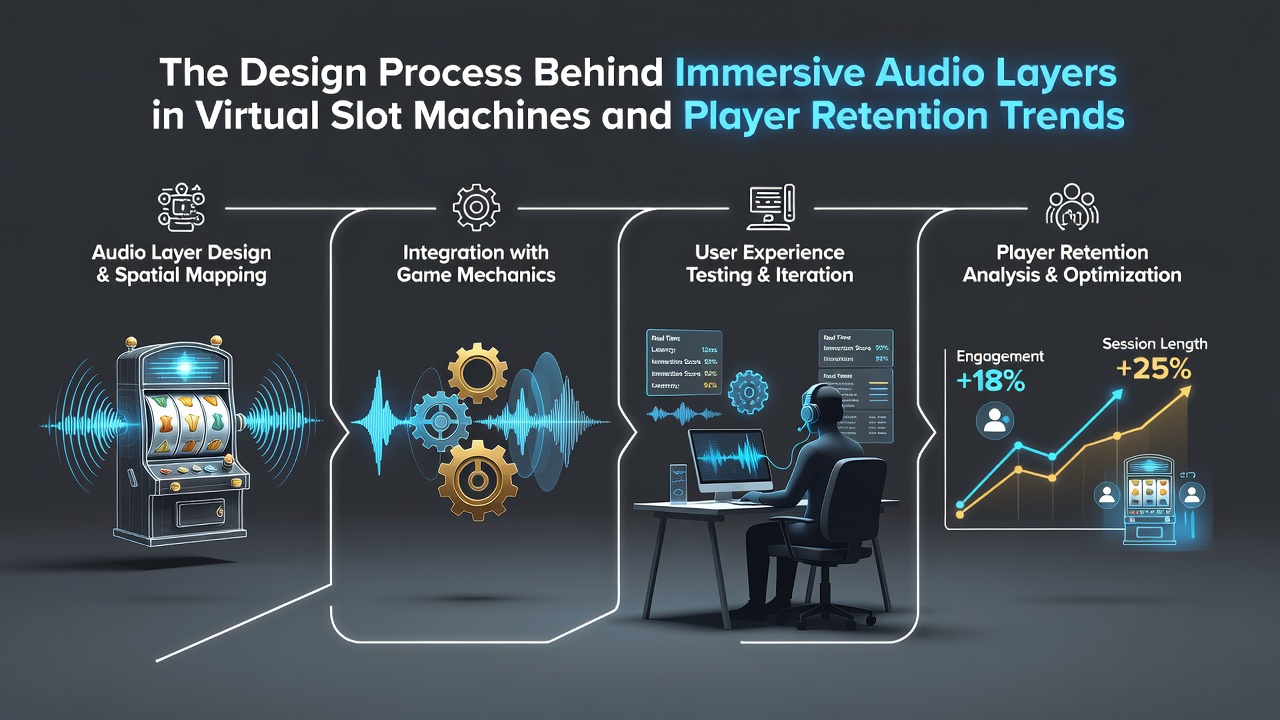Audio engineers layering sound elements in a virtual slot machine development studio